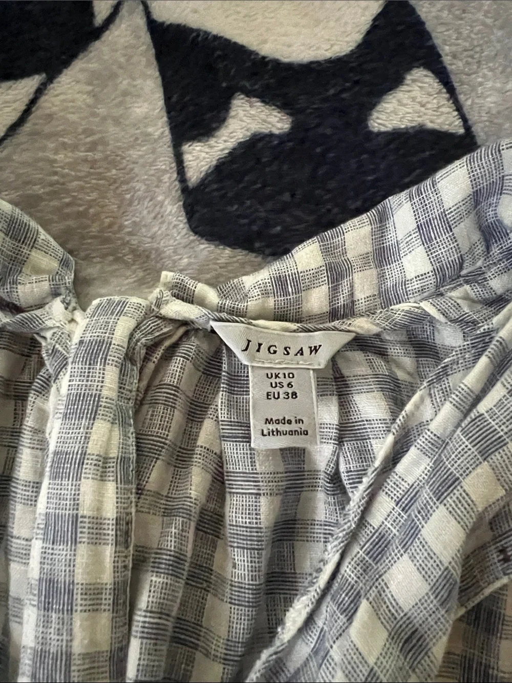 Jigsaw 100% Linen Gingham Midi Dress Blue White Relaxed Fit Pockets US 6